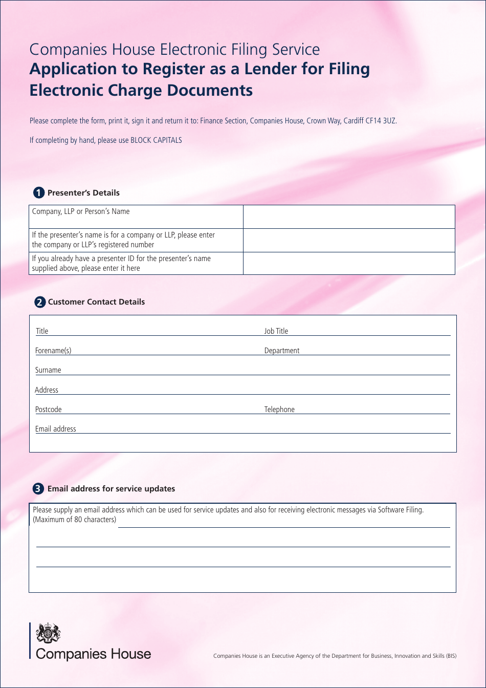 Application to Register as a Lender for Filing Electronic Charge Documents - United Kingdom, Page 1