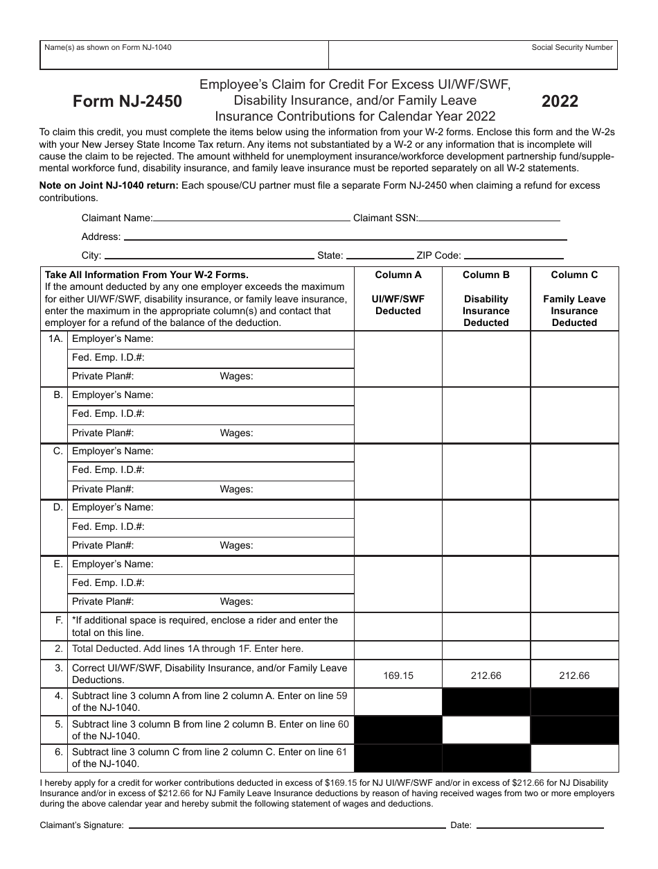 Form NJ-2450 Employee's Claim for Credit for Excess UI/WF/SWF, Disability Insurance, and/or Family Leave Insurance Contributions - New Jersey, Page 1