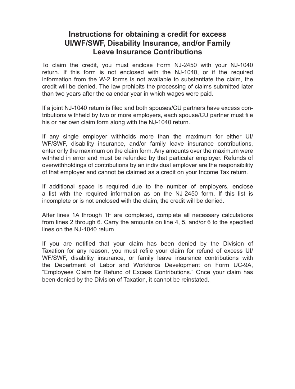Form NJ-2450 Employees Claim for Credit for Excess UI / WF / SWF, Disability Insurance, and / or Family Leave Insurance Contributions - New Jersey, Page 2