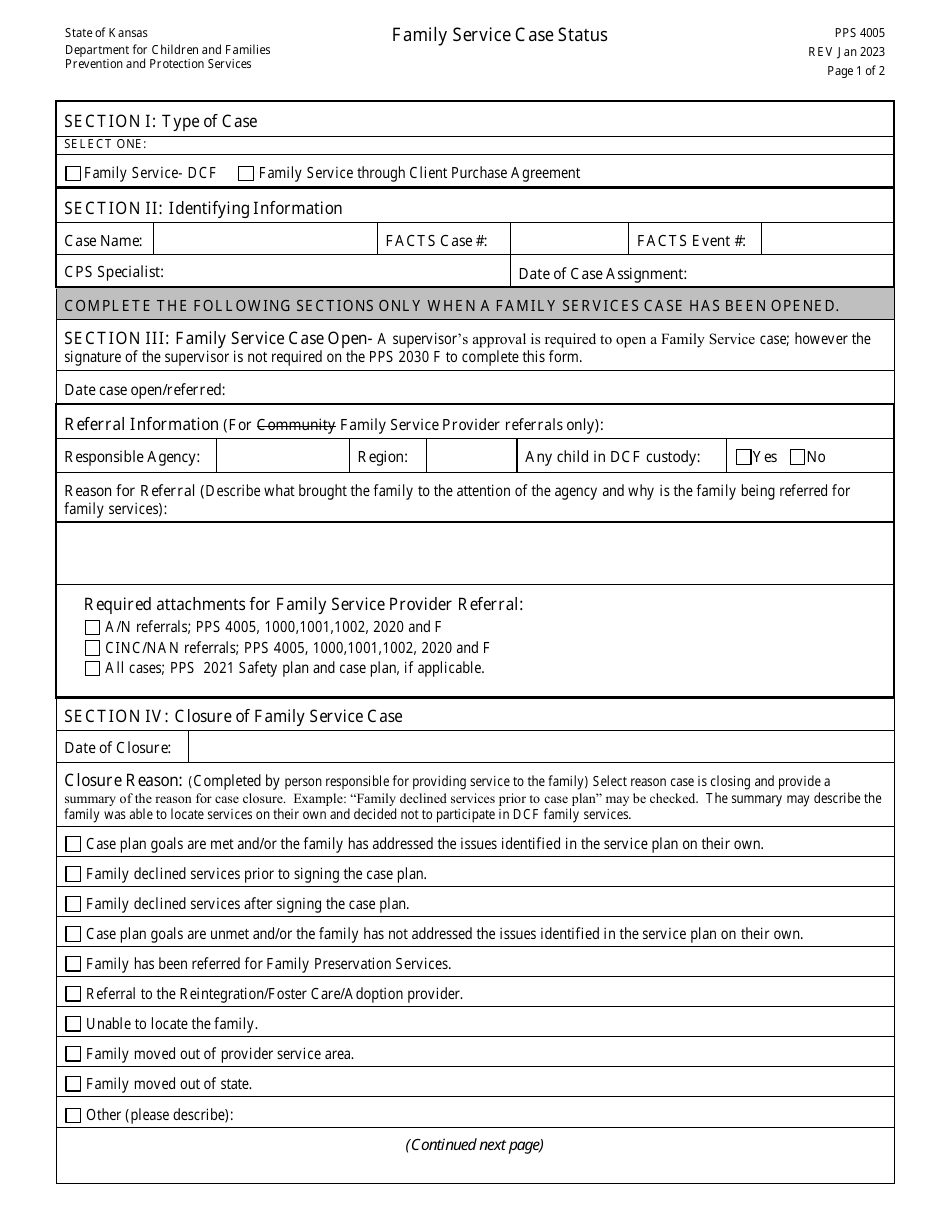 Form PPS4005 Family Service Case Status - Kansas, Page 1
