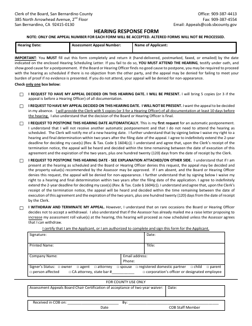 Hearing Response Form - County of San Bernardino, California Download Pdf