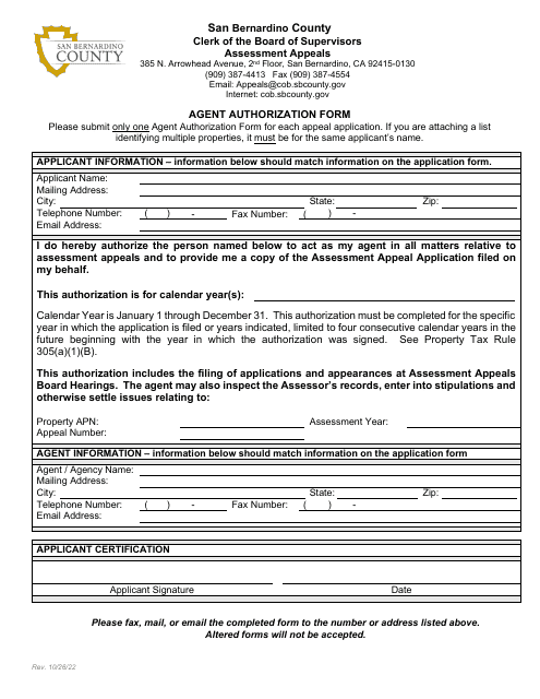Agent Authorization Form - County of San Bernardino, California Download Pdf