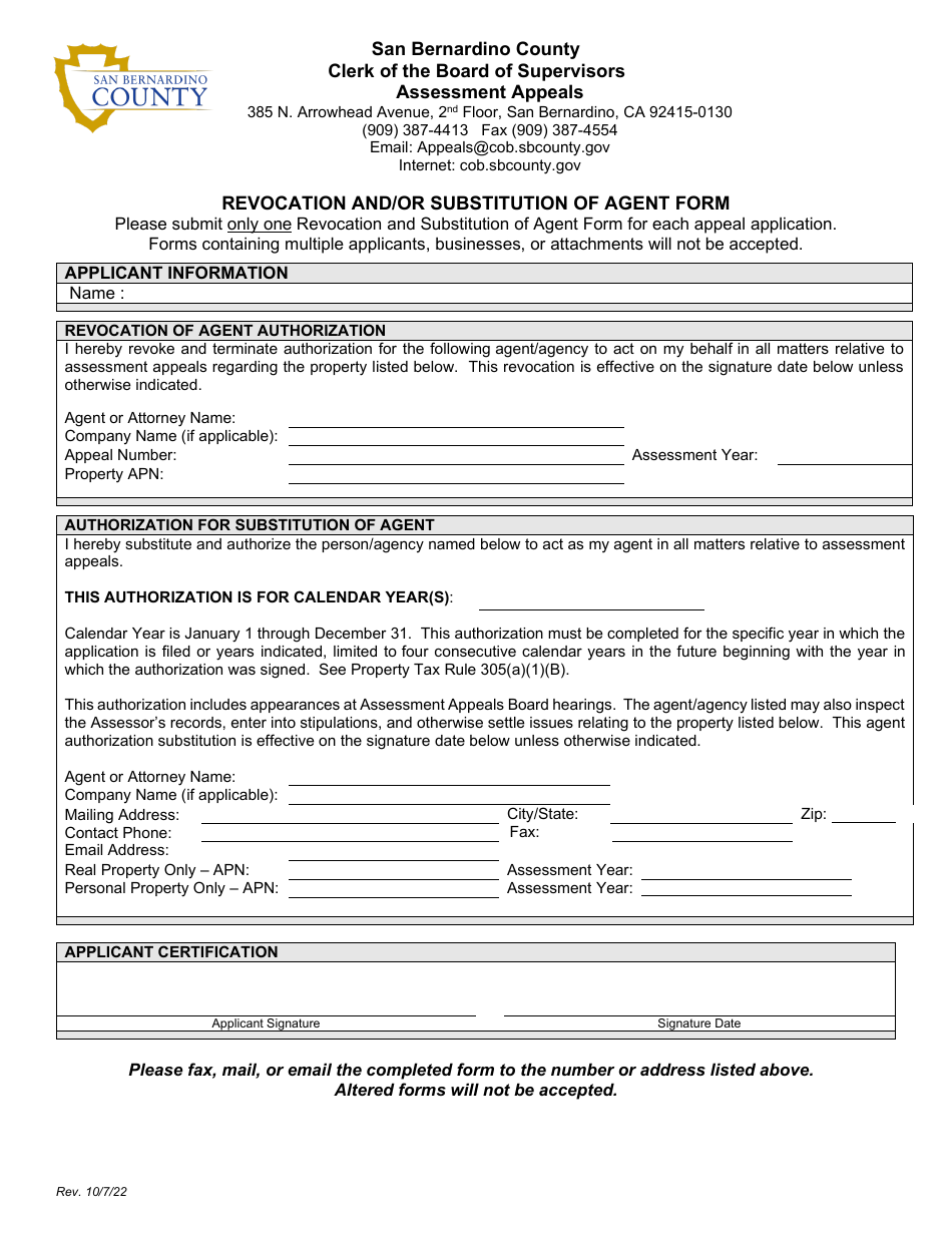 Revocation and / or Substitution of Agent Form - County of San Bernardino, California, Page 1