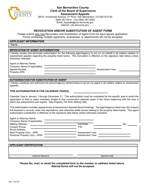 Revocation and / or Substitution of Agent Form - County of San Bernardino, California Download Pdf