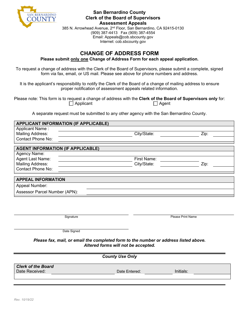 Change of Address Form - County of San Bernardino, California, Page 1
