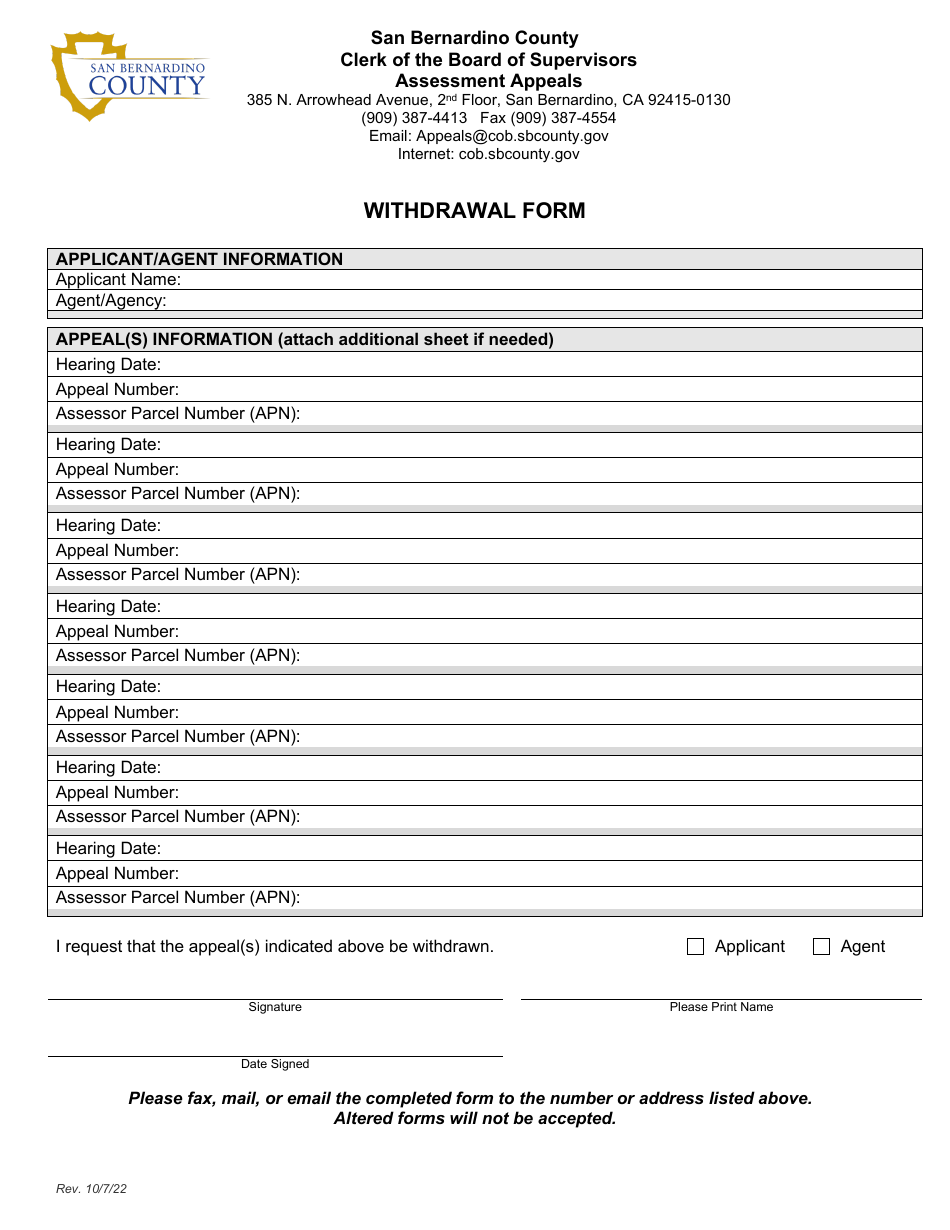 County of San Bernardino, California Withdrawal Form Fill Out, Sign