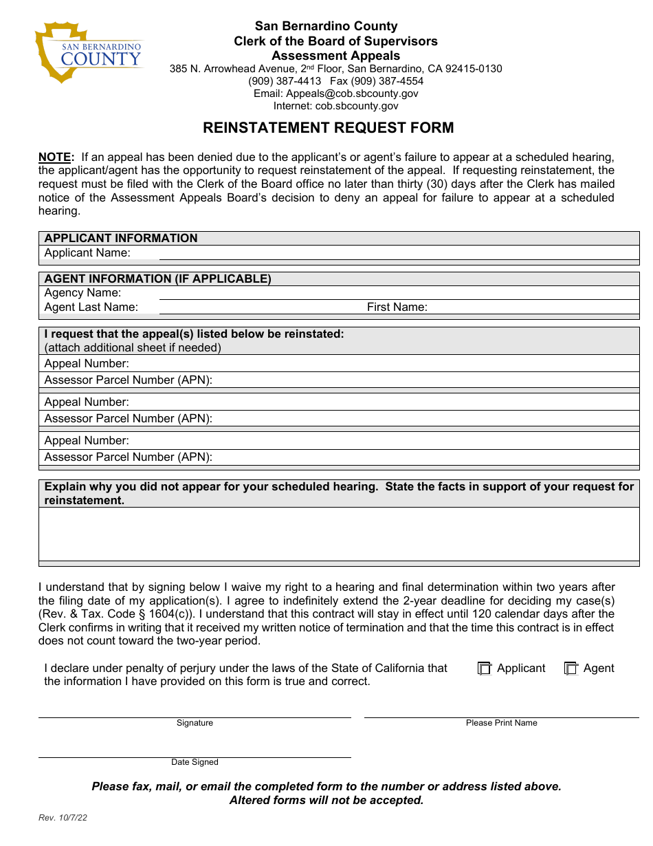 Reinstatement Request Form - County of San Bernardino, California, Page 1