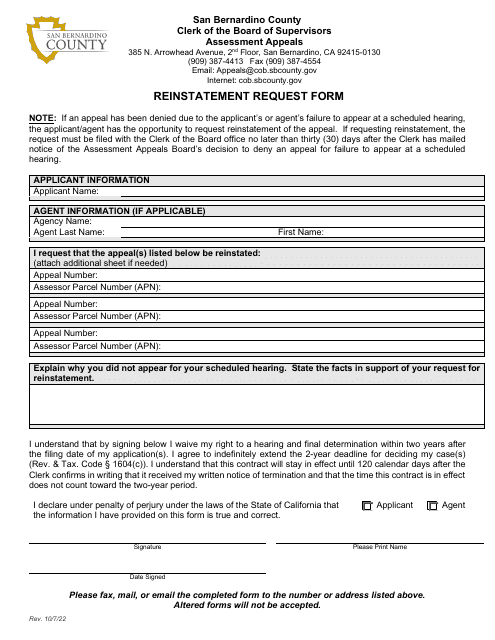 Reinstatement Request Form - County of San Bernardino, California Download Pdf