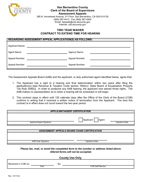 Two-Year Waiver Contract to Extend Time for Hearing - County of San Bernardino, California Download Pdf