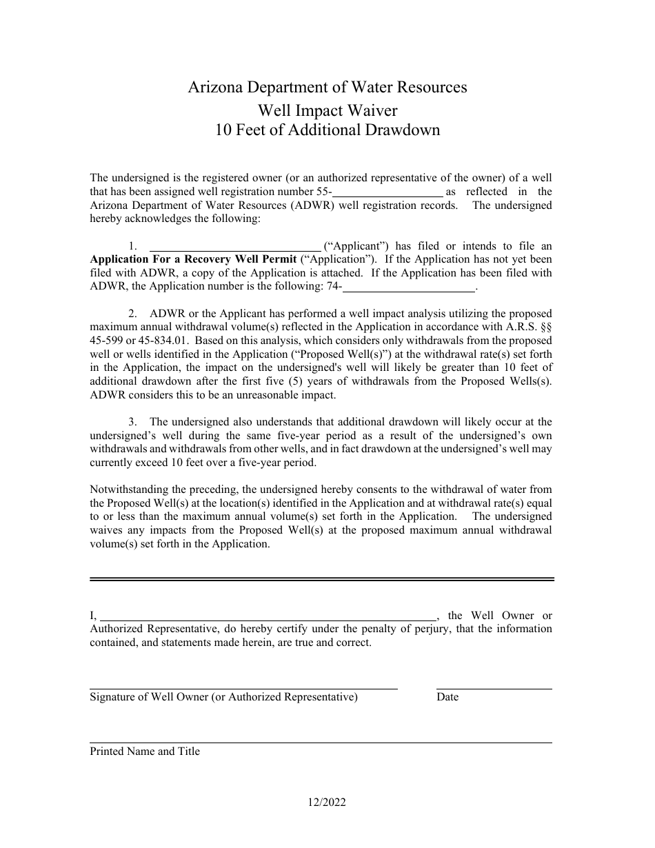 Well Impact Waiver - 10 Feet of Additional Drawdown - Arizona, Page 1