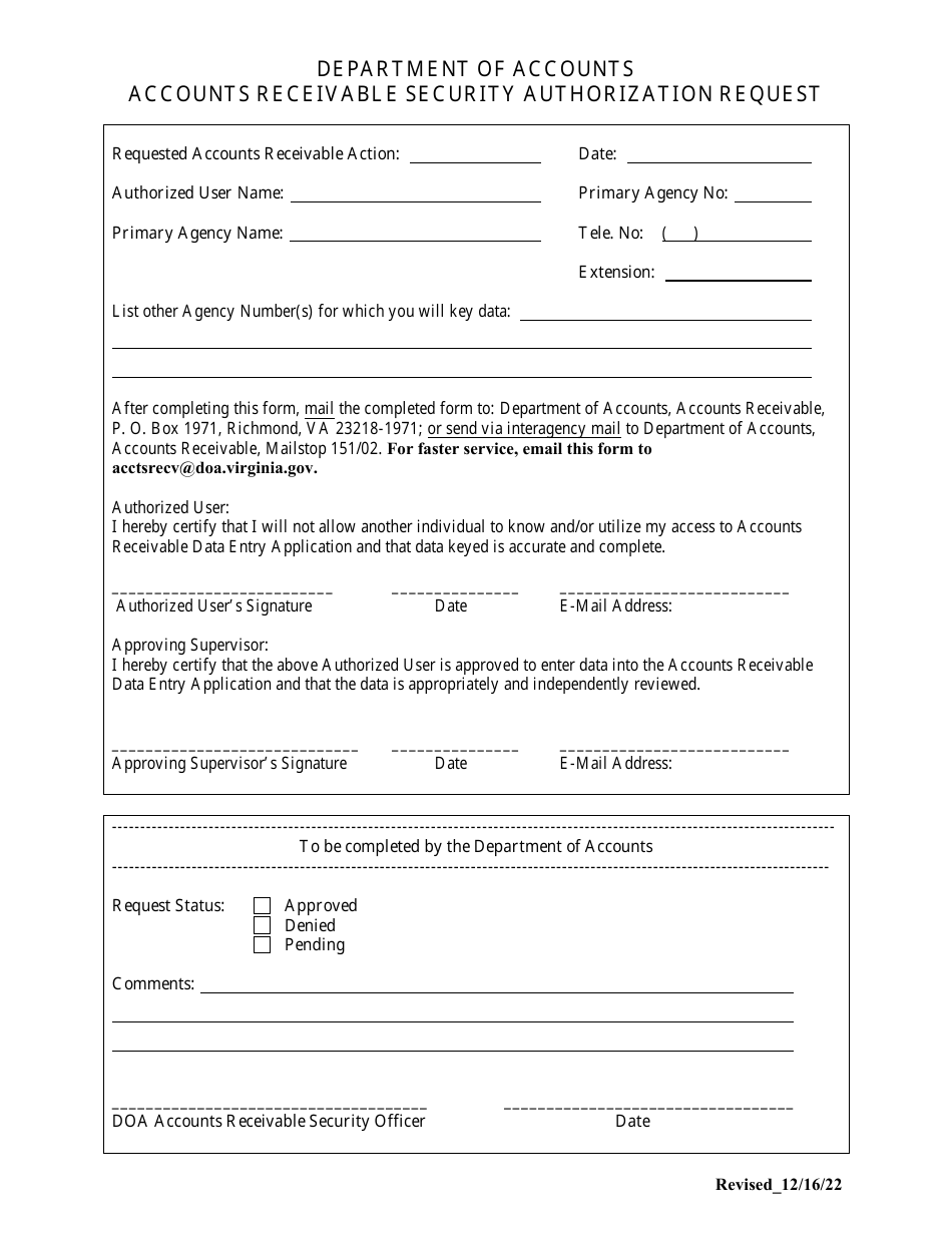 Virginia Rfa Form Virginia Accounts Receivable Security Authorization Request - Fill Out ...