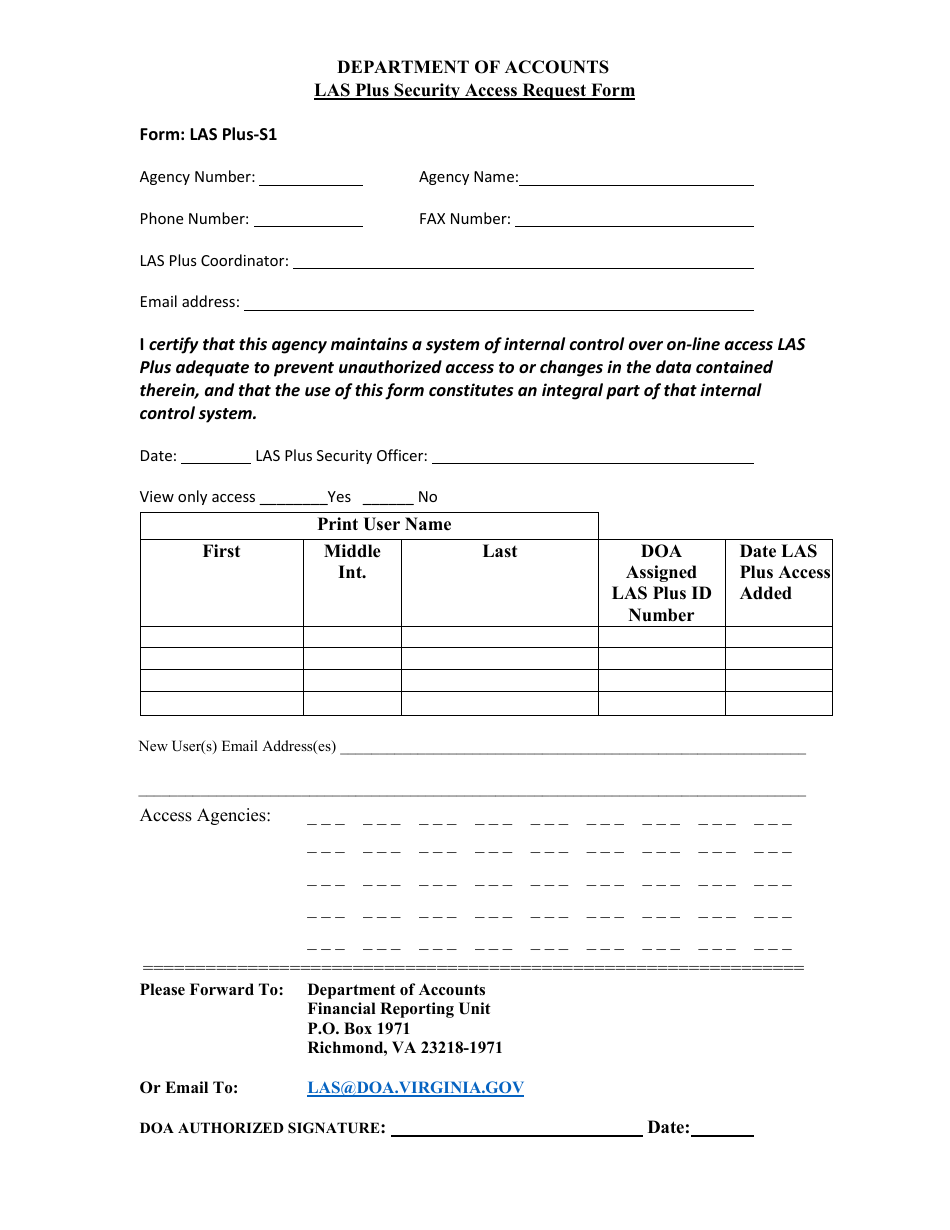 Form LAS Plus-S1 Las Plus Security Access Request Form - Virginia, Page 1