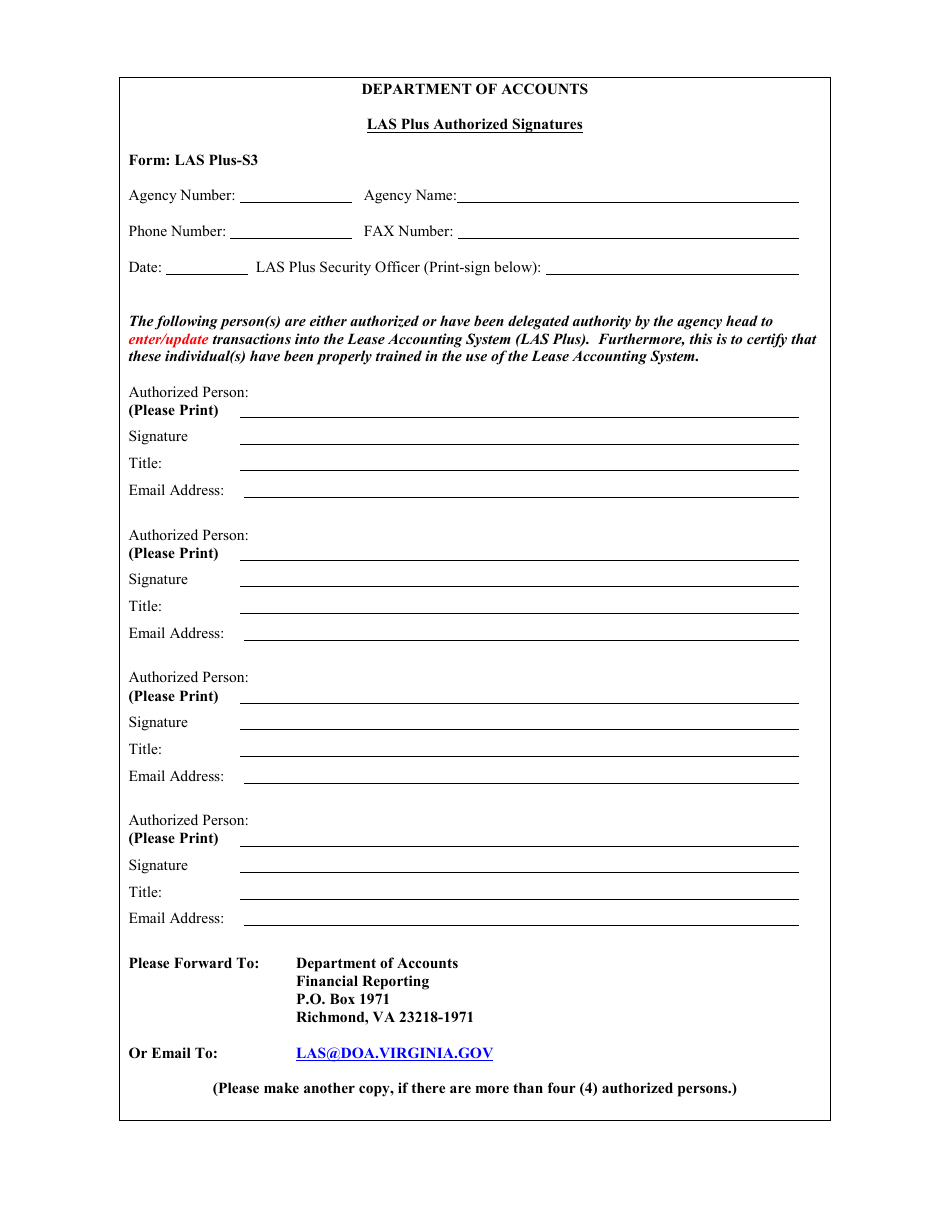 Form LAS Plus-S3 Las Plus Authorized Signatures - Virginia, Page 1