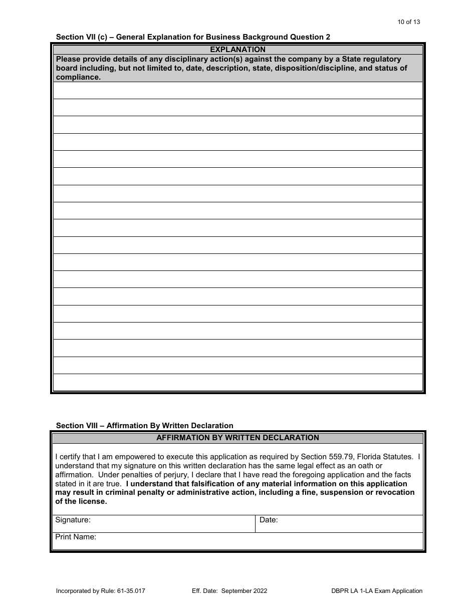 Form DBPR LA1 Landscape Architect Application for Licensure: Examination - Florida, Page 10