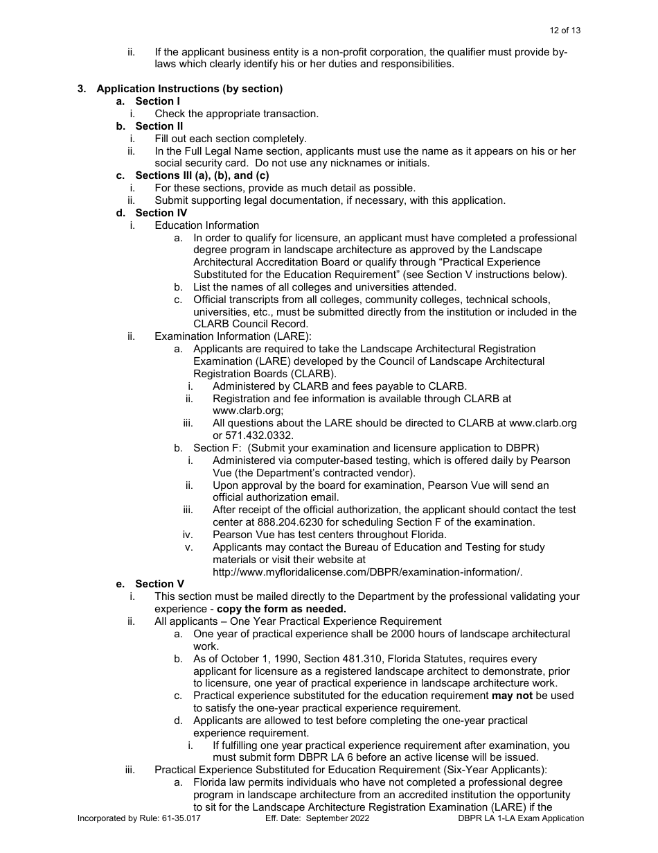 Form DBPR LA1 Landscape Architect Application for Licensure: Examination - Florida, Page 12