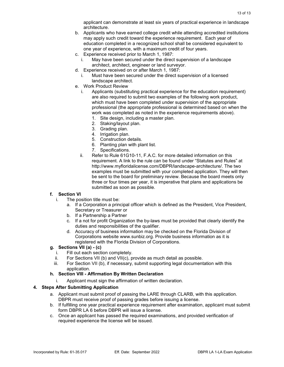 Form DBPR LA1 Landscape Architect Application for Licensure: Examination - Florida, Page 13