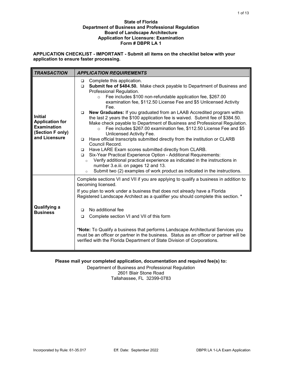 Form DBPR LA1 Landscape Architect Application for Licensure: Examination - Florida, Page 1