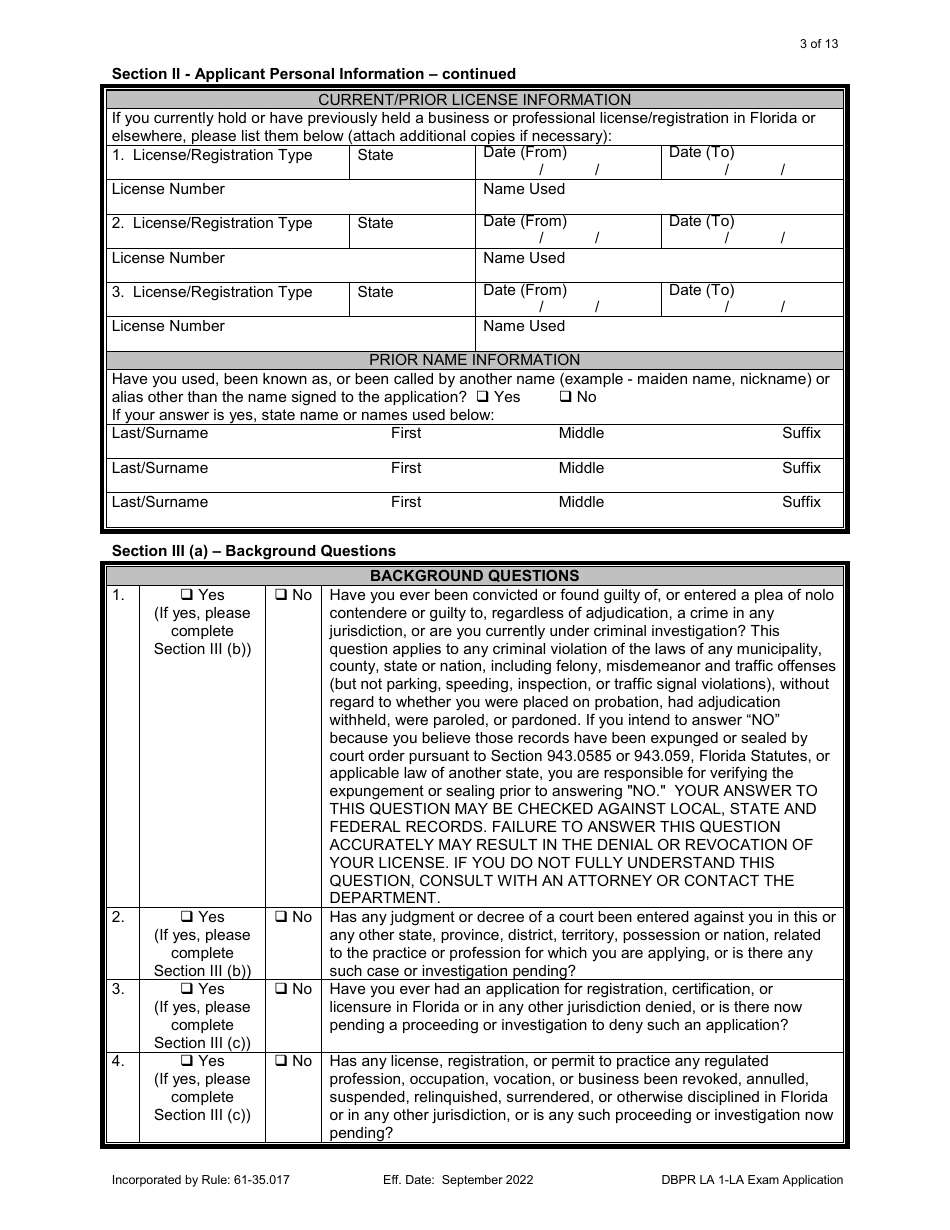 Form DBPR LA1 Landscape Architect Application for Licensure: Examination - Florida, Page 3