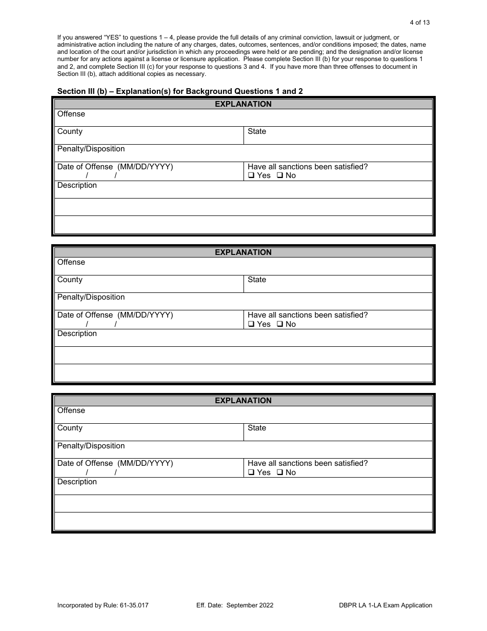 Form DBPR LA1 Landscape Architect Application for Licensure: Examination - Florida, Page 4