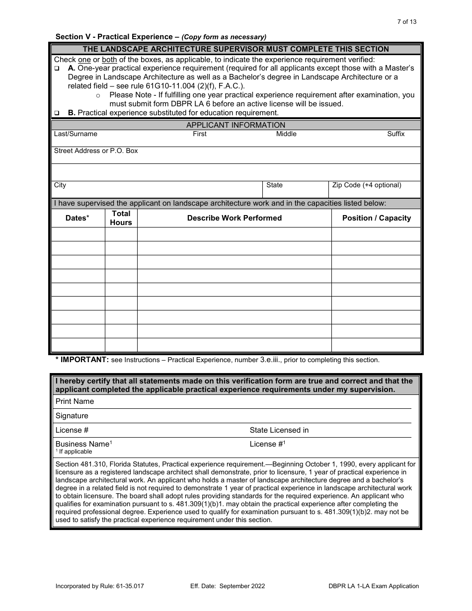 Form DBPR LA1 Landscape Architect Application for Licensure: Examination - Florida, Page 7
