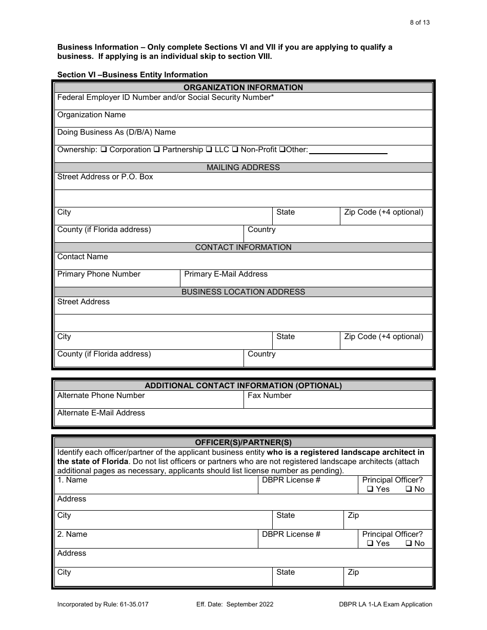 Form DBPR LA1 Landscape Architect Application for Licensure: Examination - Florida, Page 8