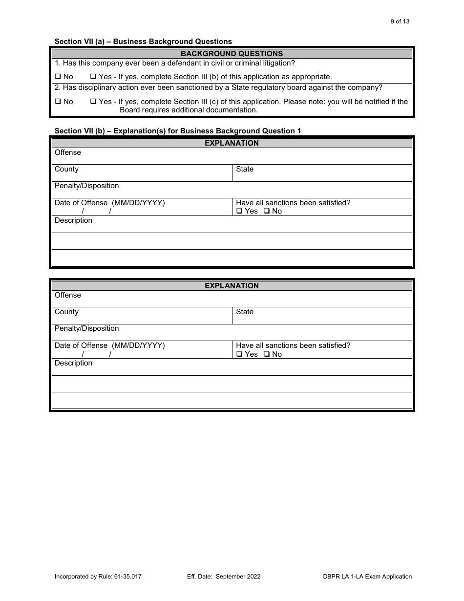 Form DBPR LA1 Landscape Architect Application for Licensure: Examination - Florida, Page 9