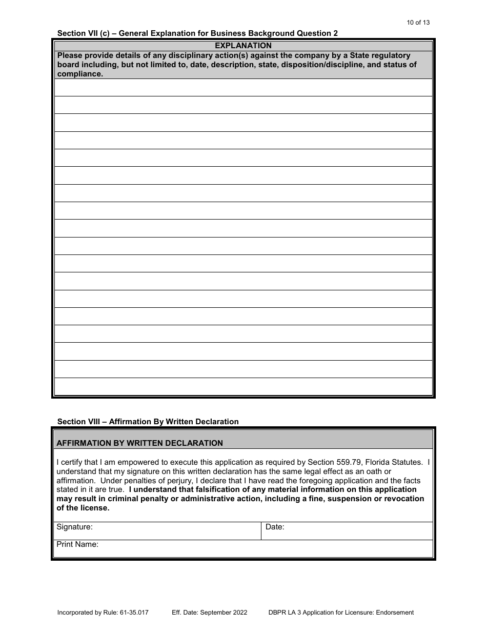 Form DBPR LA3 Landscape Architect Application for Licensure: Endorsement - Florida, Page 10