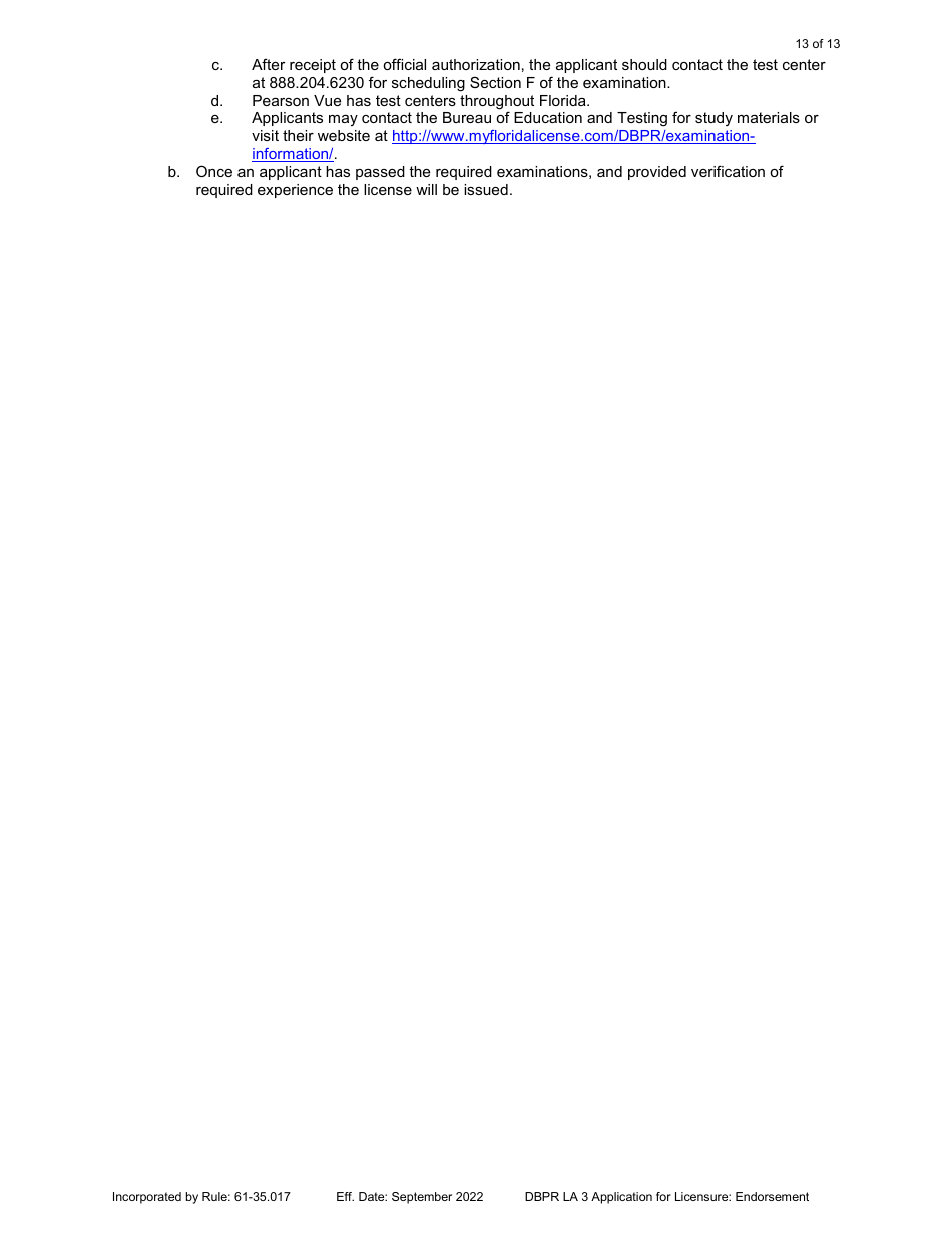 Form DBPR LA3 Landscape Architect Application for Licensure: Endorsement - Florida, Page 13