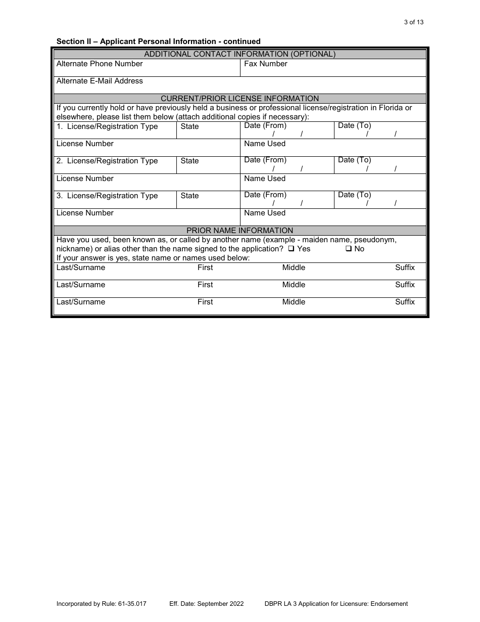 Form DBPR LA3 Landscape Architect Application for Licensure: Endorsement - Florida, Page 3