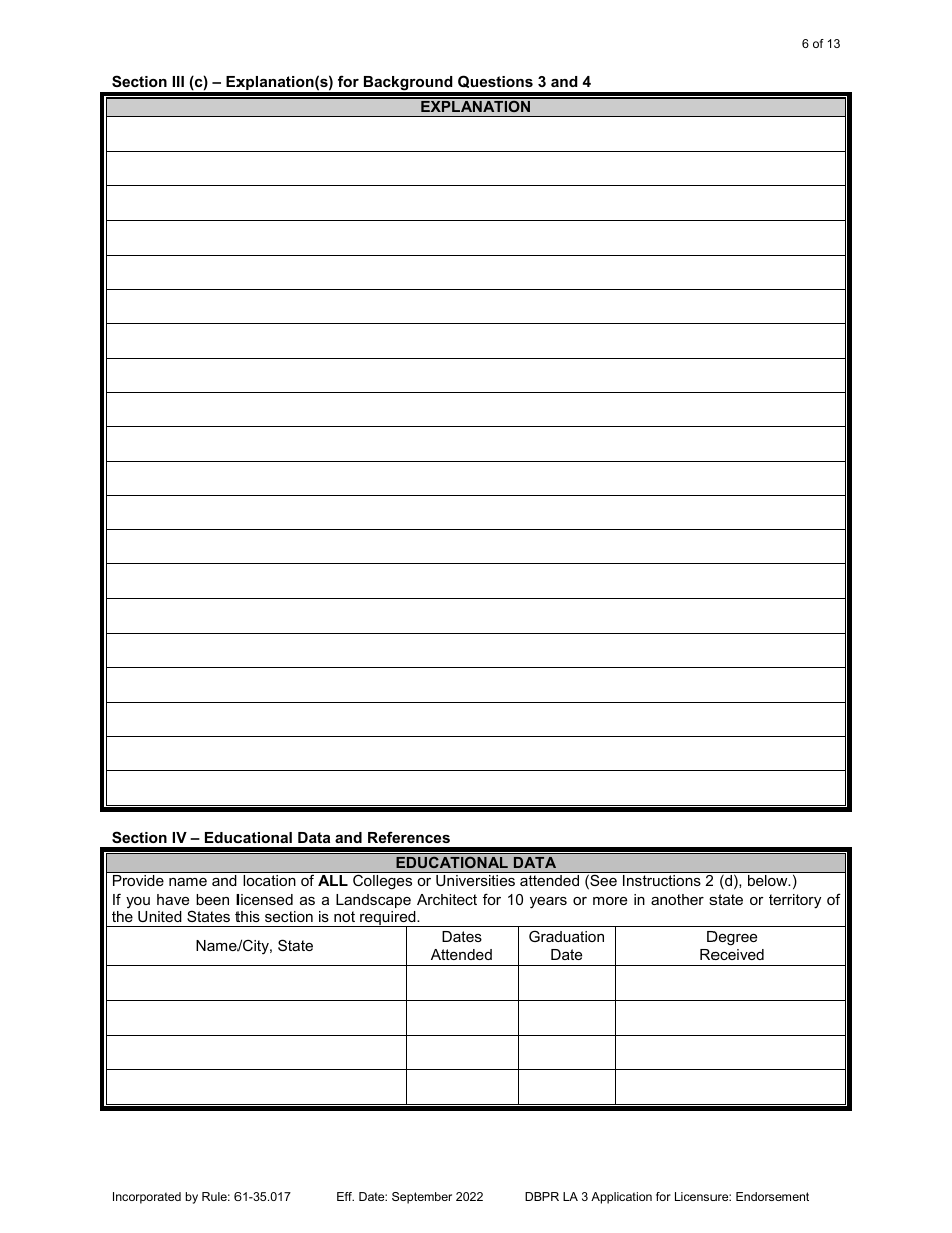 Form DBPR LA3 Landscape Architect Application for Licensure: Endorsement - Florida, Page 6