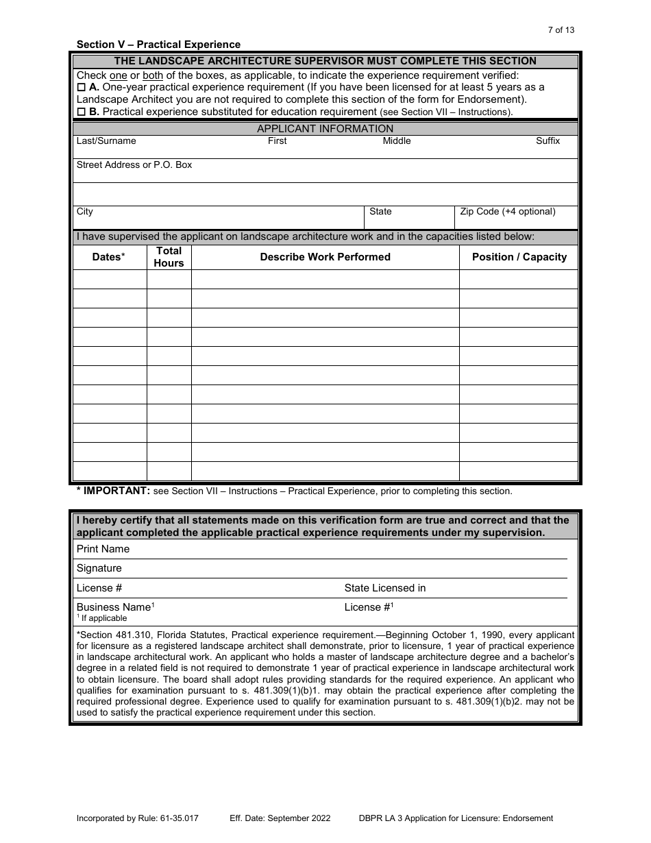 Form DBPR LA3 Landscape Architect Application for Licensure: Endorsement - Florida, Page 7
