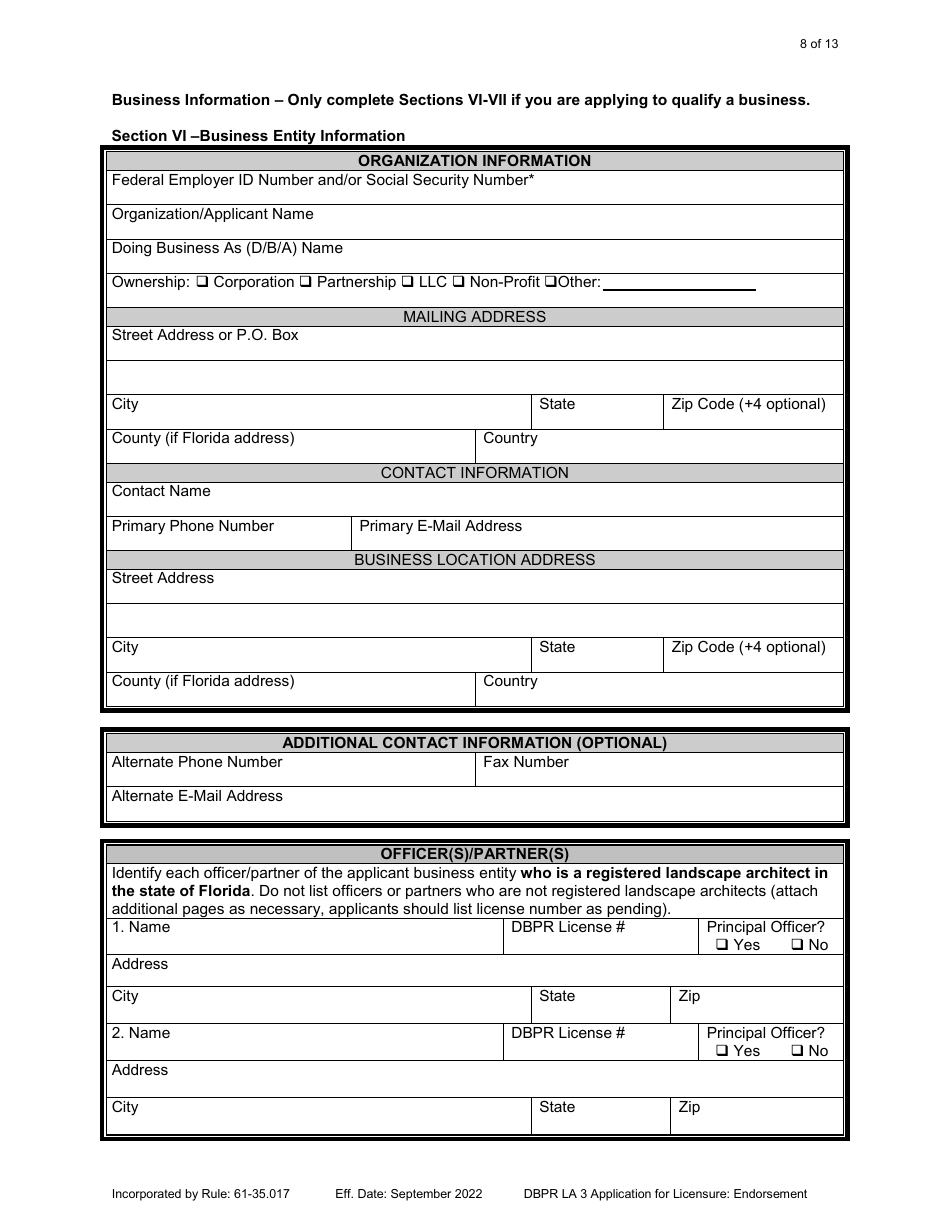 Form DBPR LA3 Landscape Architect Application for Licensure: Endorsement - Florida, Page 8