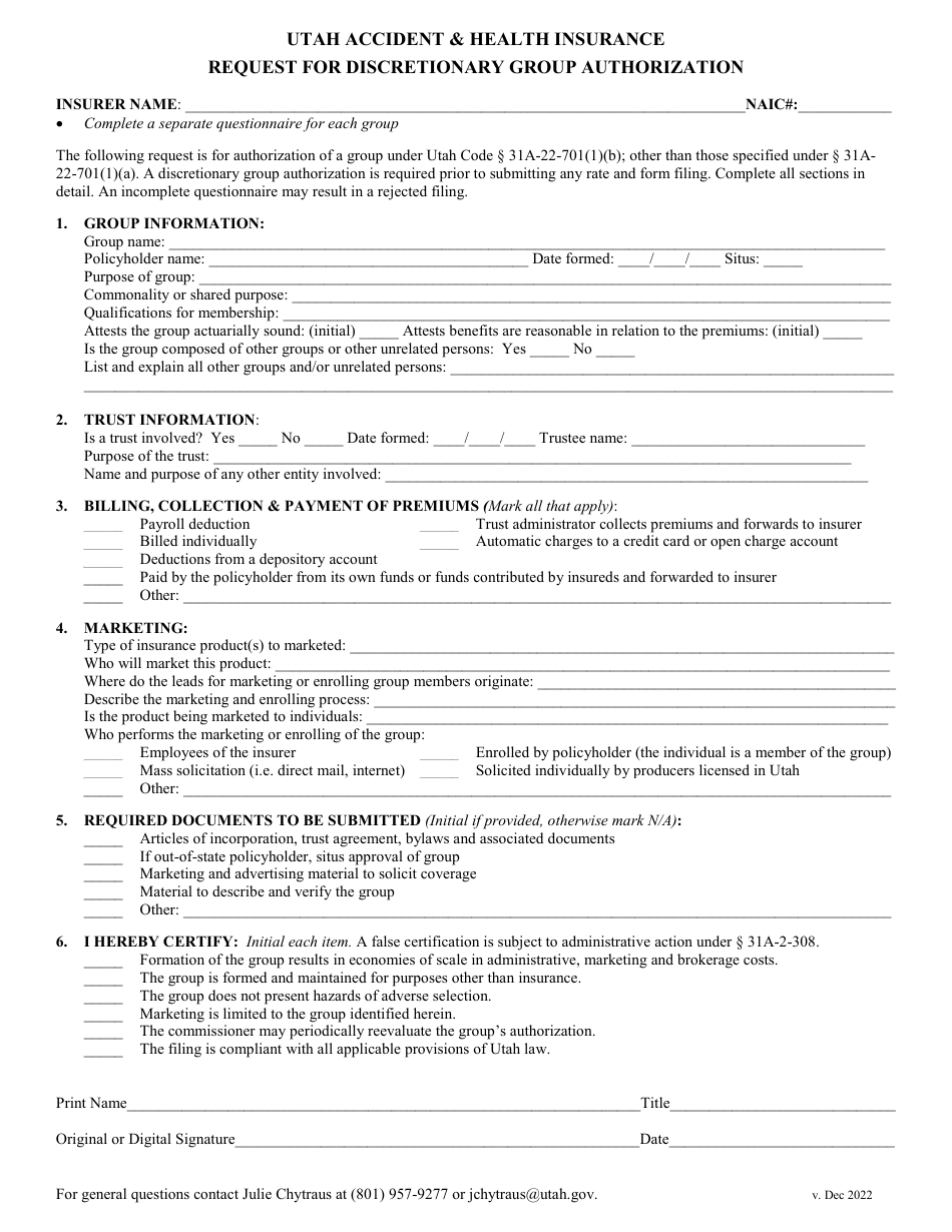 Utah Accident  Health Insurance Request for Discretionary Group Authorization - Utah, Page 1