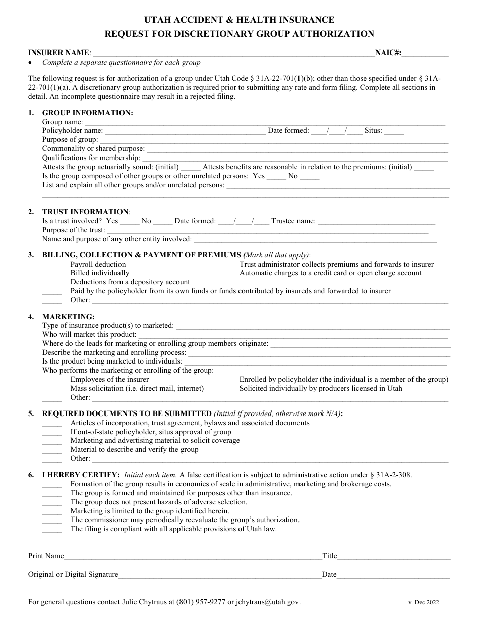 Collision Authorization Form Utah Utah Accident & Health Insurance Request for Discretionary Group ...