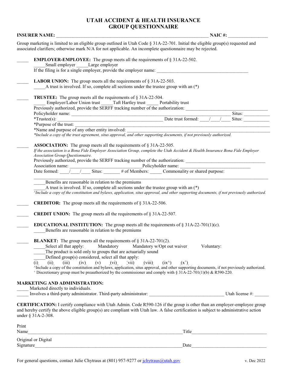 Utah Accident  Health Insurance Group Questionnaire - Utah, Page 1