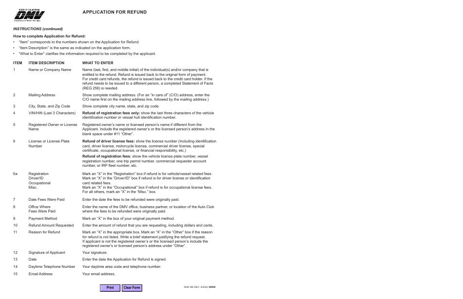 Form ADM399 Application for Refund - California, Page 2
