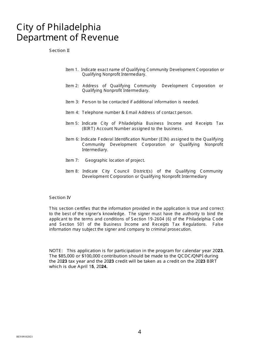 Community Development Corporation Tax Credit Renewal Application - City of Philadelphia, Pennsylvania, Page 4