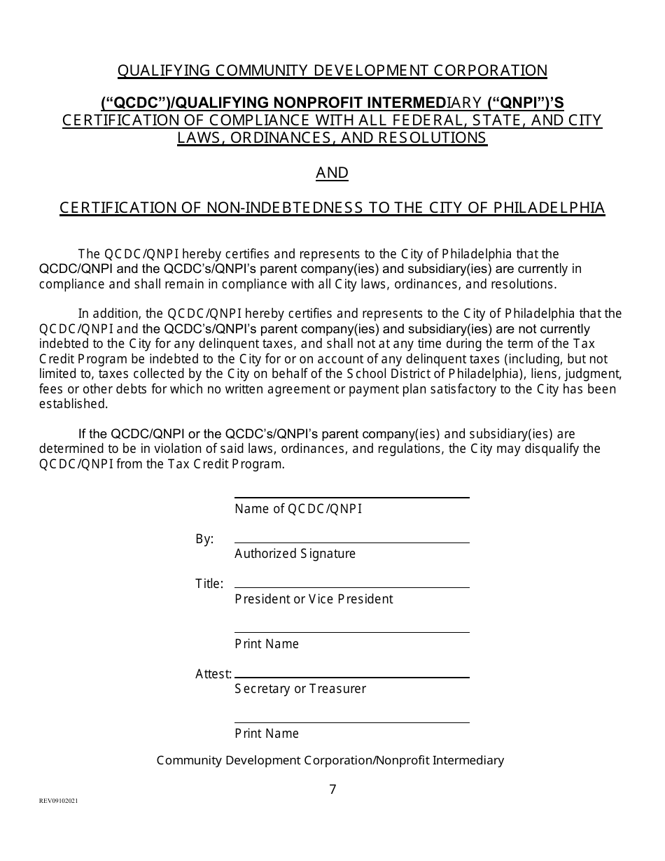 Community Development Corporation Tax Credit Renewal Application - City of Philadelphia, Pennsylvania, Page 7