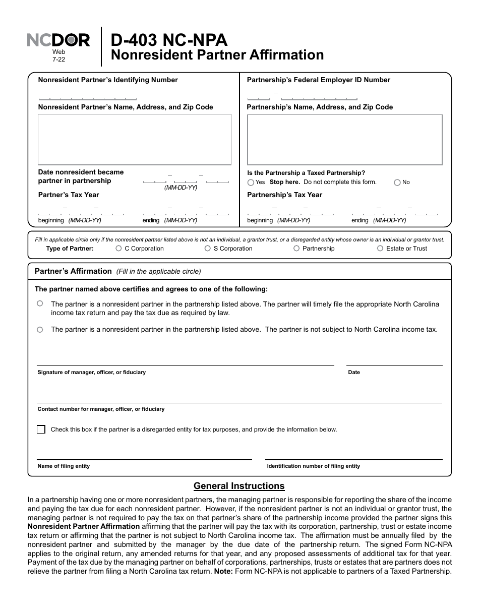 Form NC-NPA (D-403) Nonresident Partner Affirmation - North Carolina, Page 2