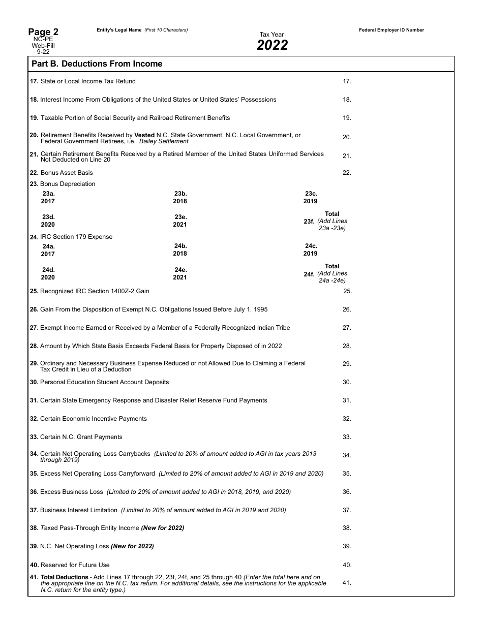 Form NC-PE N.c. Additions and Deductions for Pass-Through Entities, Estates, and Trusts - North Carolina, Page 3