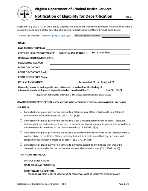Form DC-1 Notification of Eligibility for Decertification - Virginia