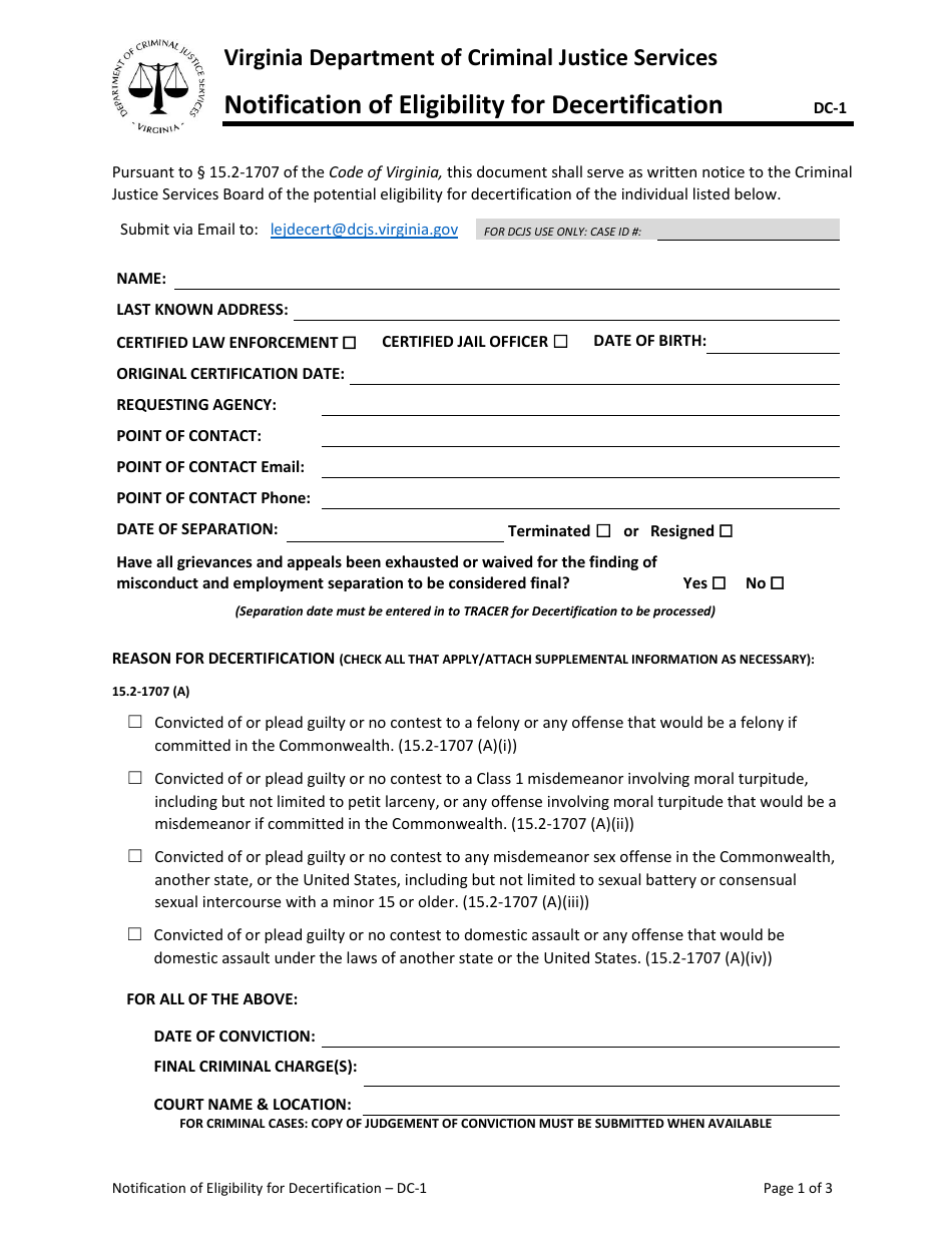 Form DC-1 Notification of Eligibility for Decertification - Virginia, Page 1