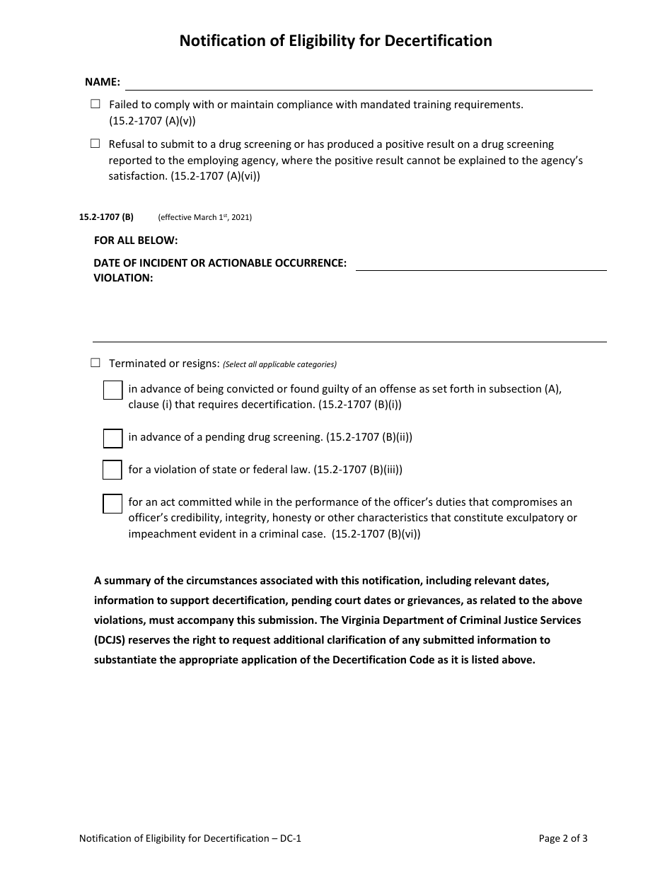 Form DC-1 Notification of Eligibility for Decertification - Virginia, Page 2