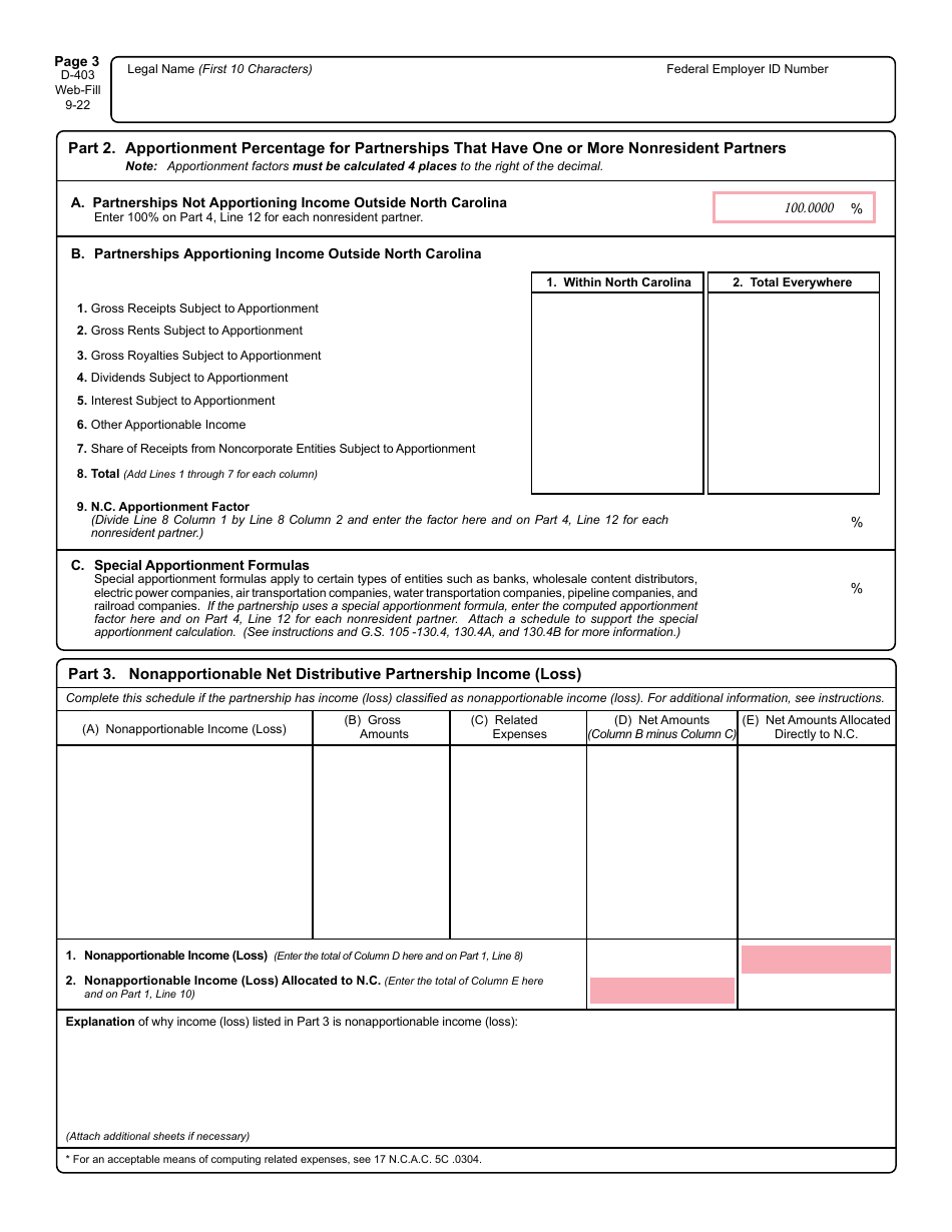 Form D-403 Partnership Income Tax Return - North Carolina, Page 4