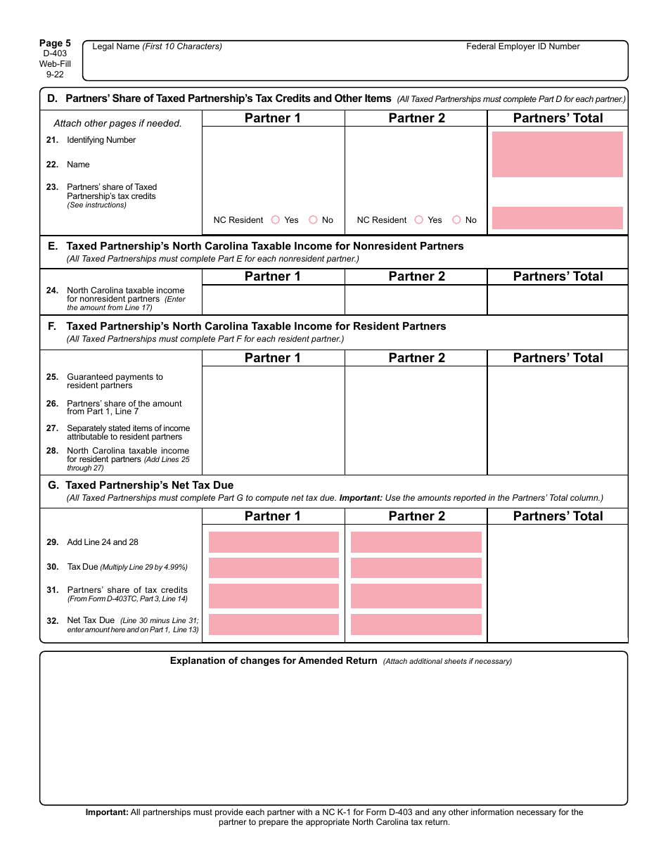 Form D-403 Partnership Income Tax Return - North Carolina, Page 6