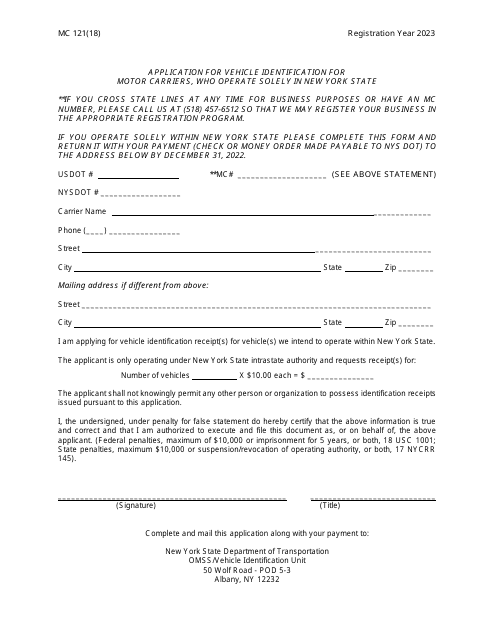 Form MC121 Application for Vehicle Identification for Motor Carriers, Who Operate Solely in New York State - New York, 2023
