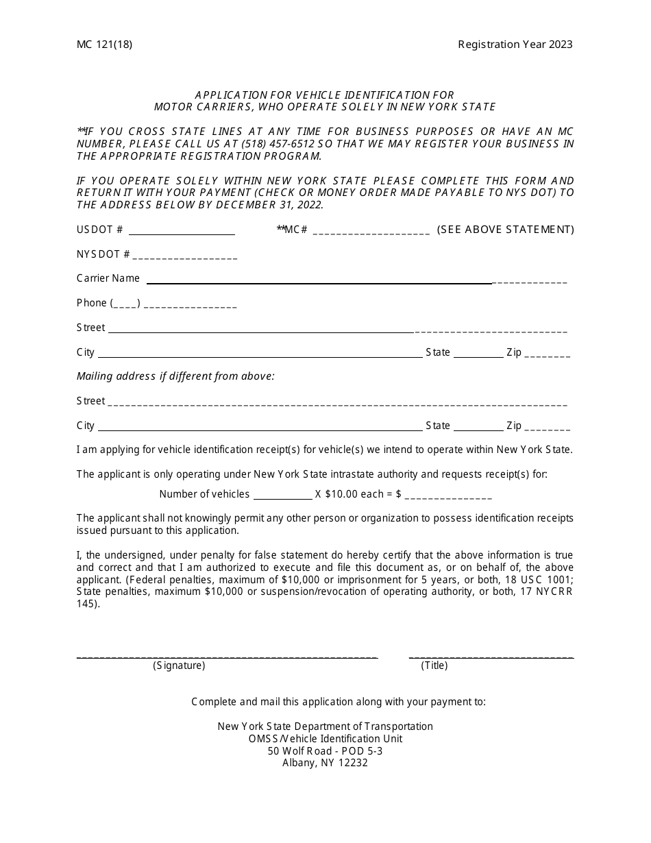 Form MC121 Application for Vehicle Identification for Motor Carriers, Who Operate Solely in New York State - New York, Page 1