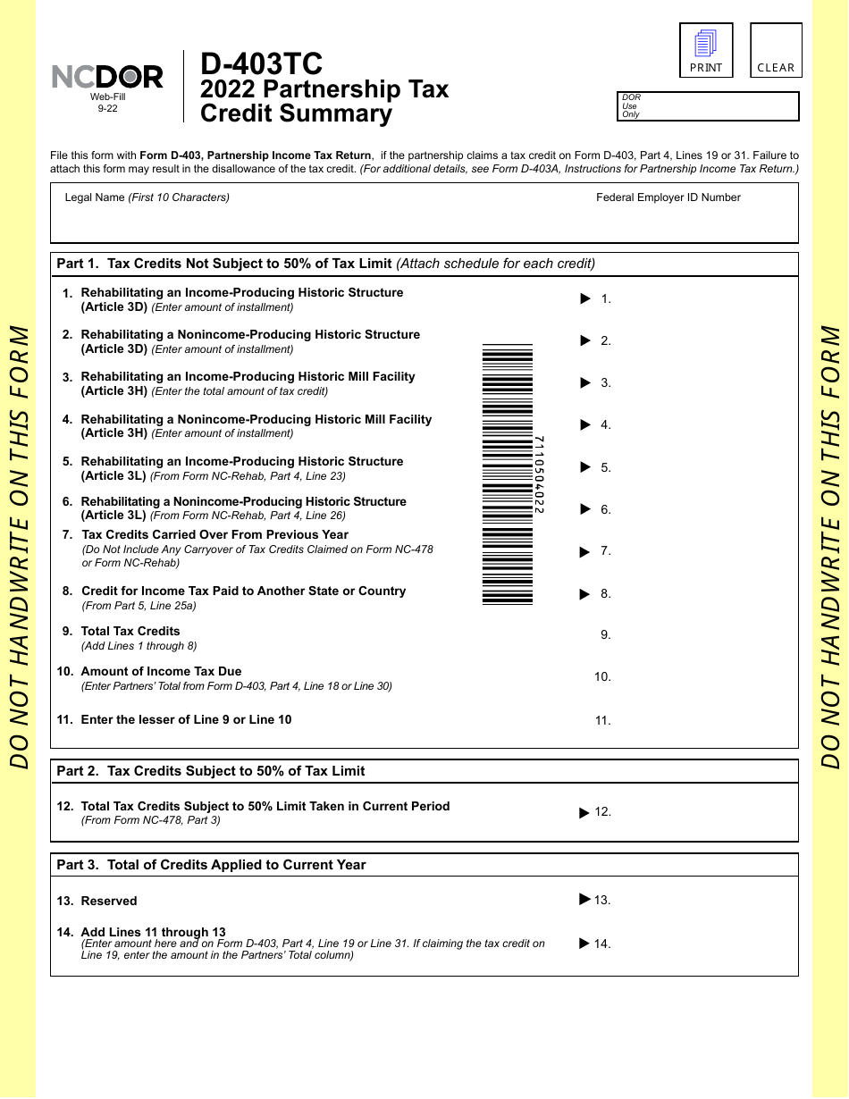 Form D-403TC Partnership Tax Credit Summary - North Carolina, Page 2