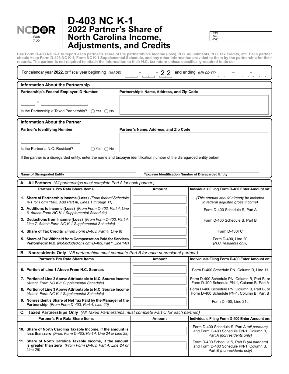 Form D-403 NC K-1 Partners Share of North Carolina Income, Adjustments, and Credits - North Carolina, Page 2
