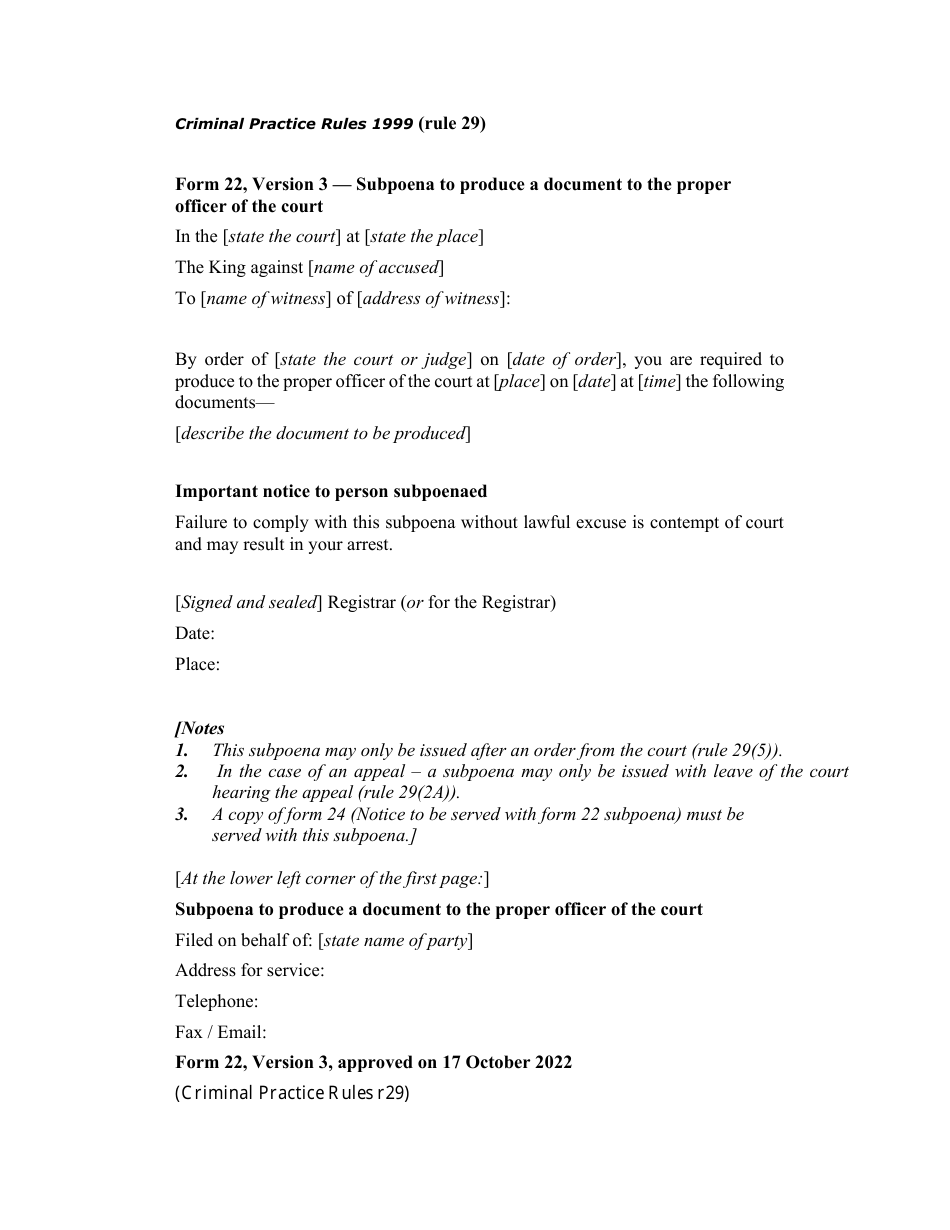 Form 22 Subpoena to Produce a Document to the Proper Officer of the Court - Queensland, Australia, Page 1